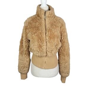 Vintage Y2K Jou Jou Tan Faux Fur Fluffy Bomber Jacket M